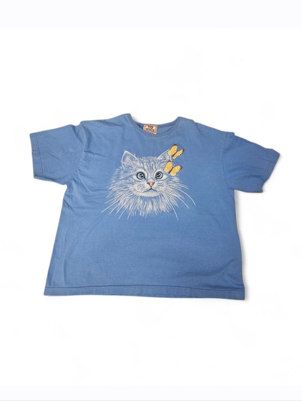 VTG Top Stitch Morning Sun Cat T-Shirt XL Embroidered Butterflies Blue